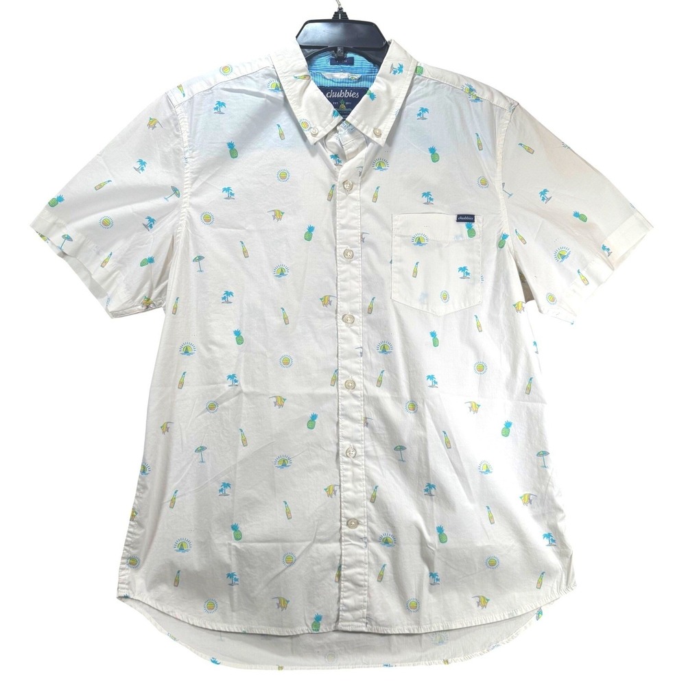 Chubbies Mens M White All Over TROPICAL PINEAPPLE BEER FRIDAY Button SS24CA0778A